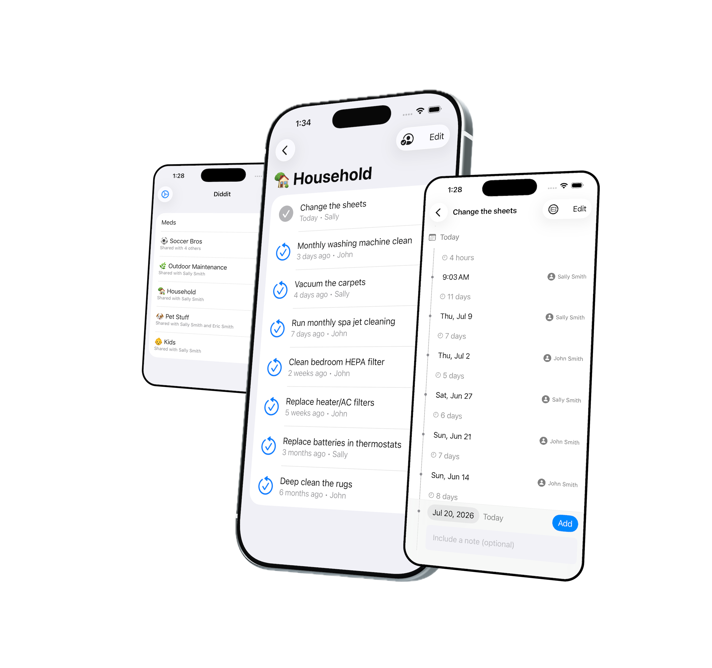 Diddit shown on three iPhones, with shared lists and a historical log
